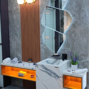 vasque statuario venato avec niche en chéne et LED